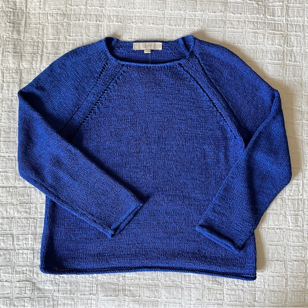 LOFT Blue Pointelle Raglan Sweater - Picture 2 of 8